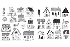 Hand Drawn Cozy Houses. Urban Street