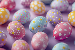 Pattern of decorated easter eggs on purple background, a Food & Drink Photo by AlyaAnd