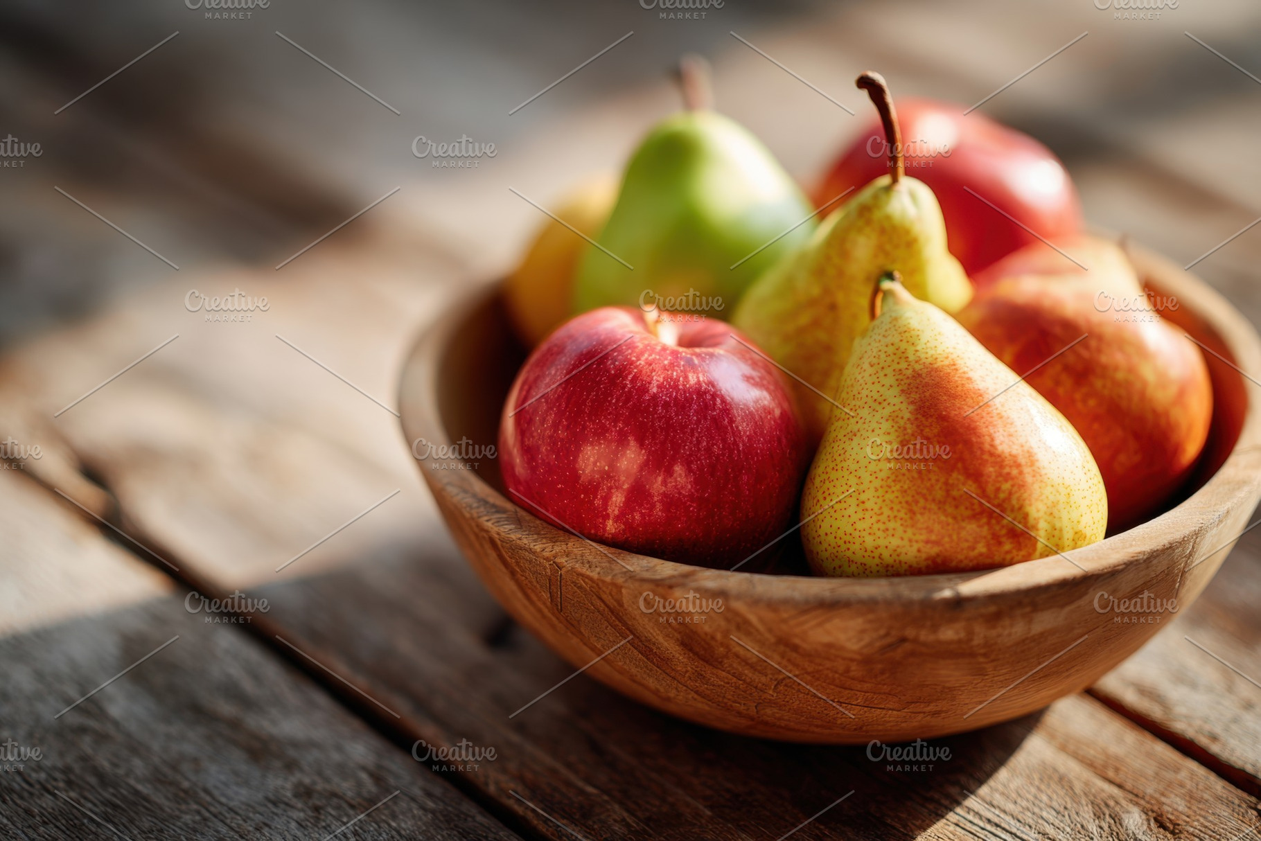 Fresh apples and pears in a wooden bowl, a Food & Drink Photo by AlyaAnd