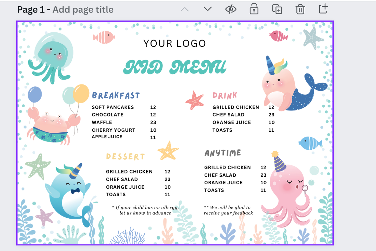 Cute Kid Menu With Sea Animals, a Marketing Template by AIW SOLUTIONS (Photo 3 of 3)