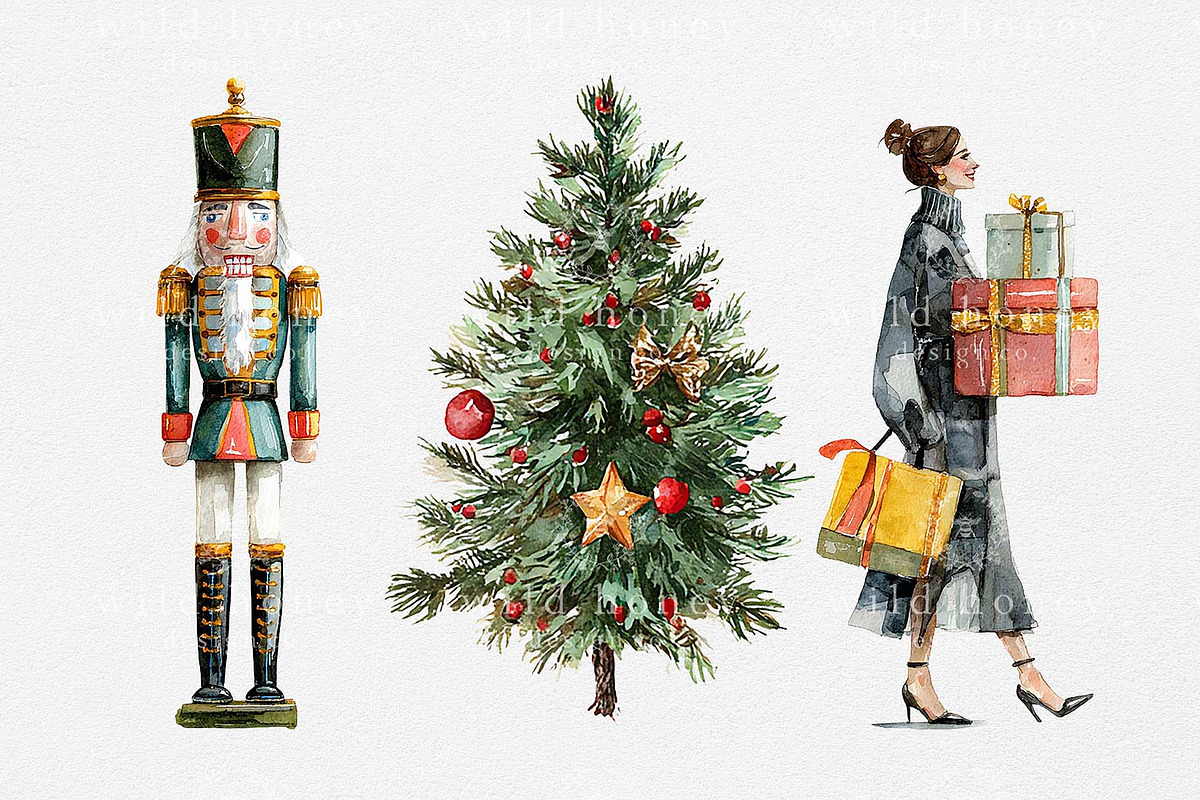 Christmas Watercolor Clipart Bundle, a Seasonal Illustration by Wild Honey Design Co. (Photo 3 of 6)