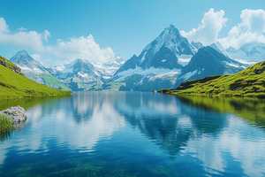 Pristine alpine lake reflects the, a Photo by MistyDay