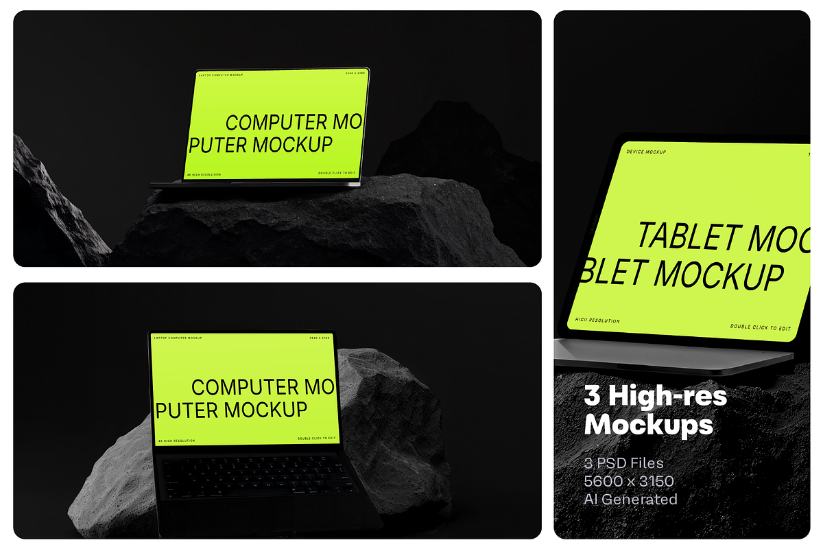 3 Computer Mockups on Dark Stone, a Mac Mockup by rodrigofkaminski (Photo 1 of 5)