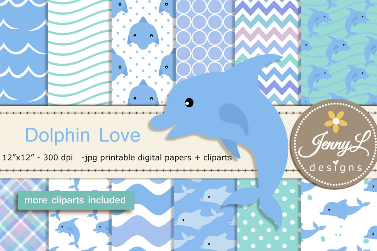 Dolphin Digital Paper & Clipart, a Pattern Graphic by JennyL Designs (Photo 1 of 5)