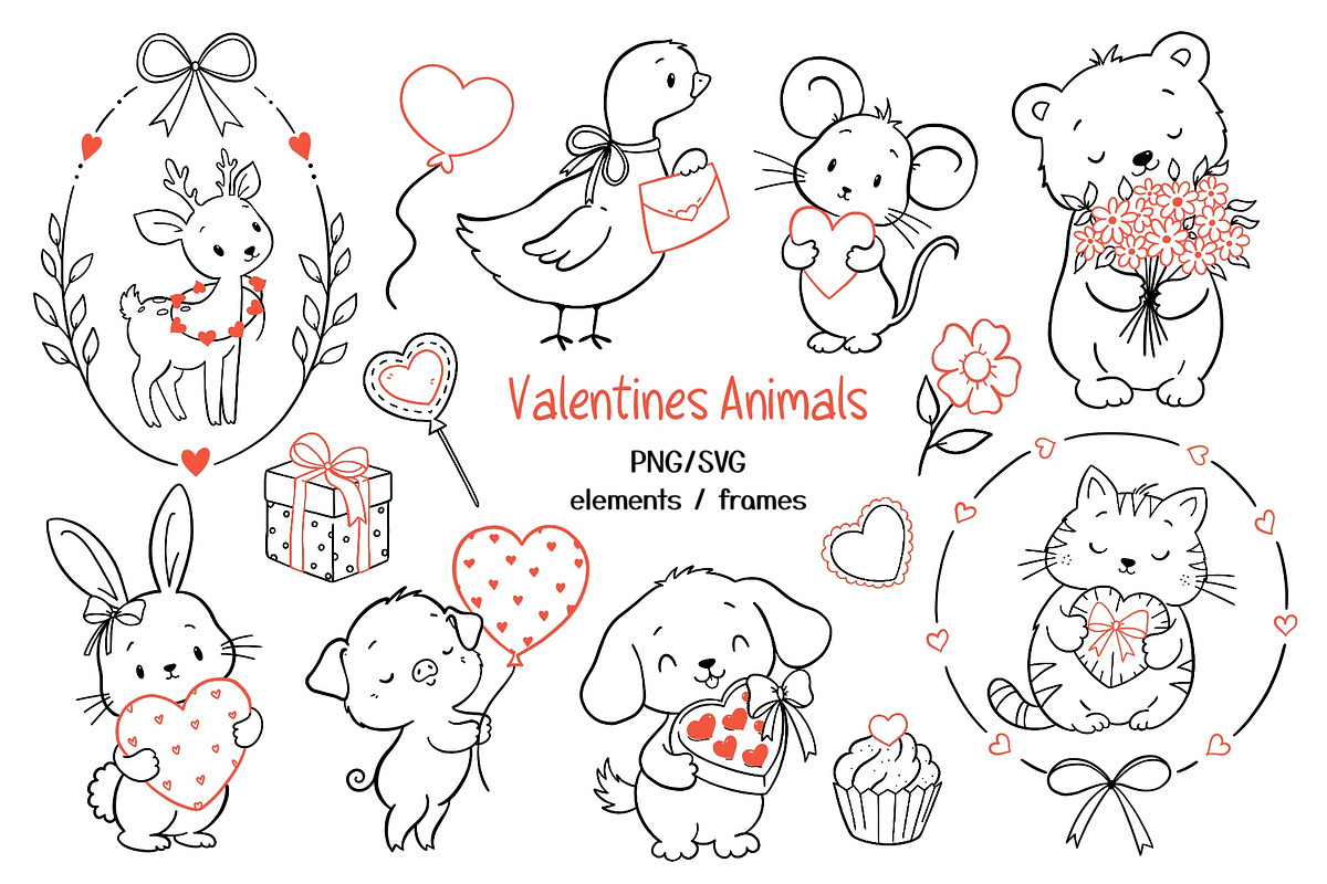 Valentine Animals Clipart Line Art, an Animal Illustration by ArtGiftsStudio (Photo 1 of 5)