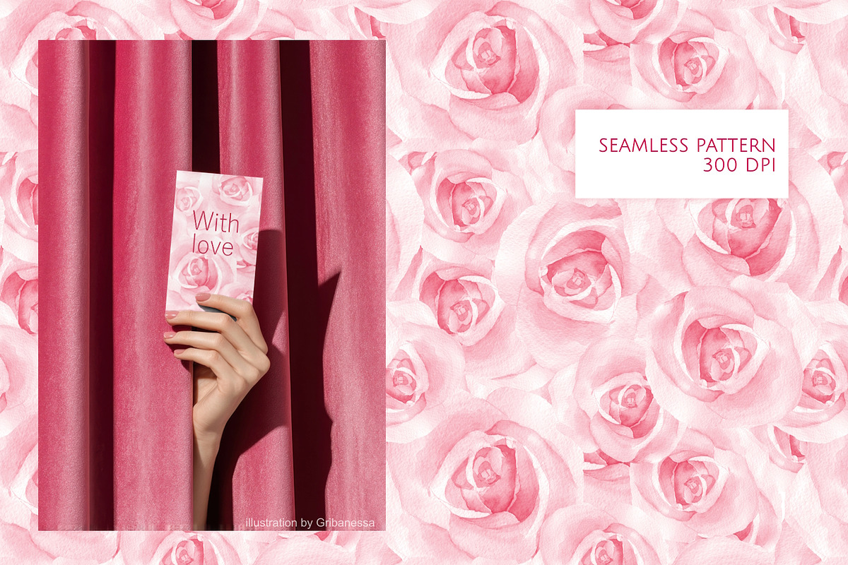 Pink Roses Watercolor Pattern, a Pattern Graphic by Gribanessa (Photo 1 of 4)