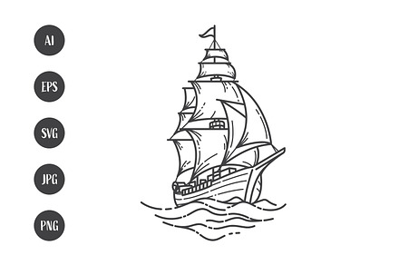 Line art of sailing ship at sea, a Transportation Illustration by Saba Vector