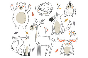 Hand drawn line art forest animals