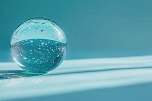 Minimal glass sphere with water bubbles on soft blue background,, an Abstract Photo by José Manuel Gelpi