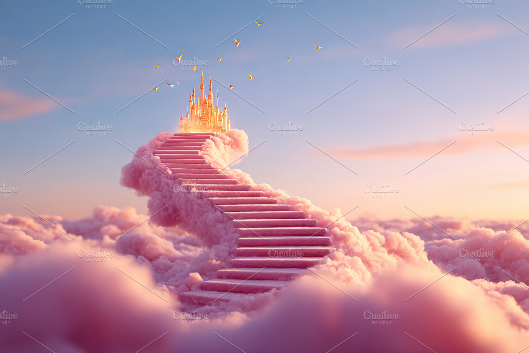 Stairway leads to a golden castle atop clouds during sunset, a Photo by AlyaAnd