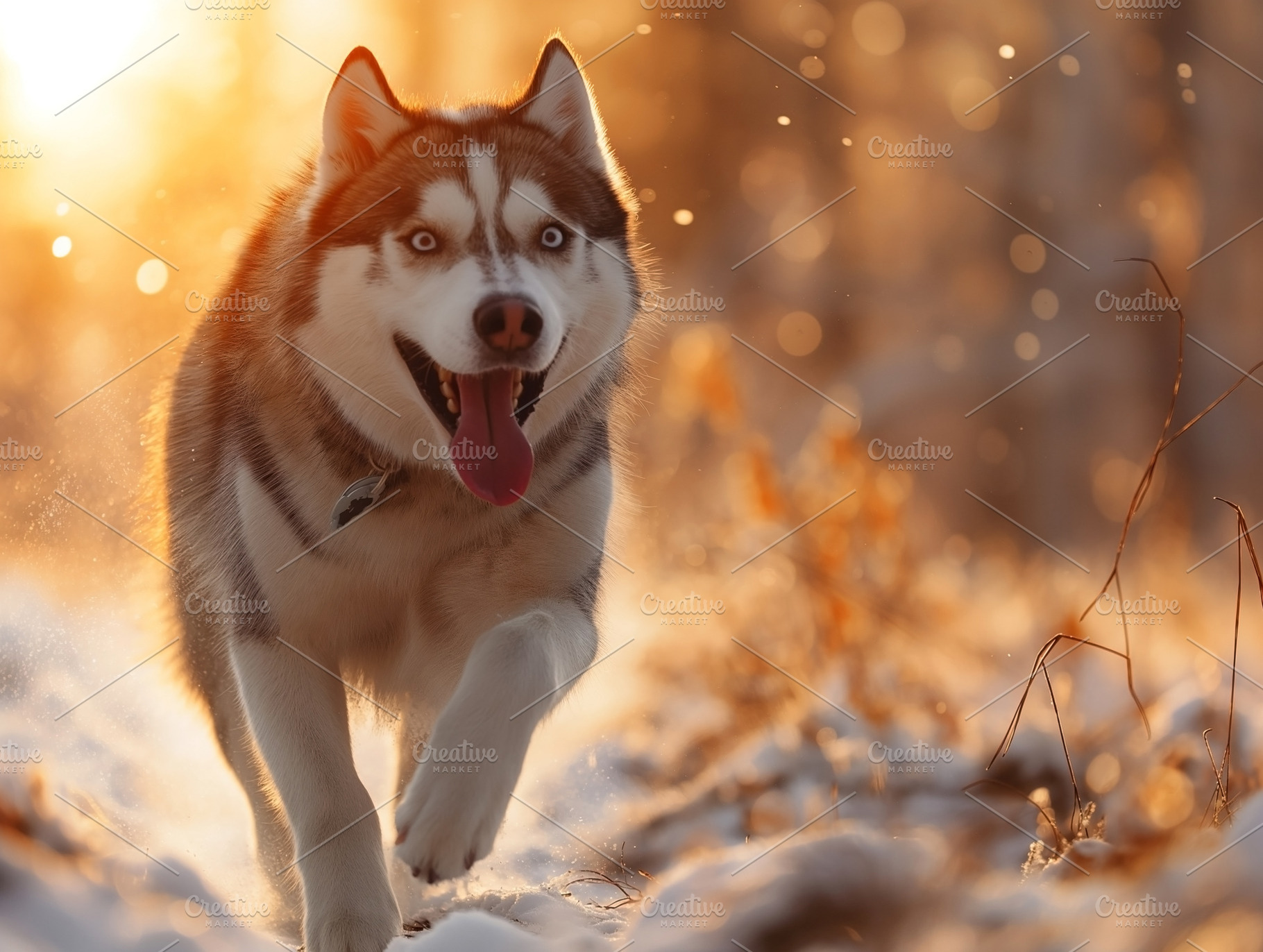 A playful Siberian Husky running through the snow at sunset, capturing the joy, an Animal Photo by ImageMir