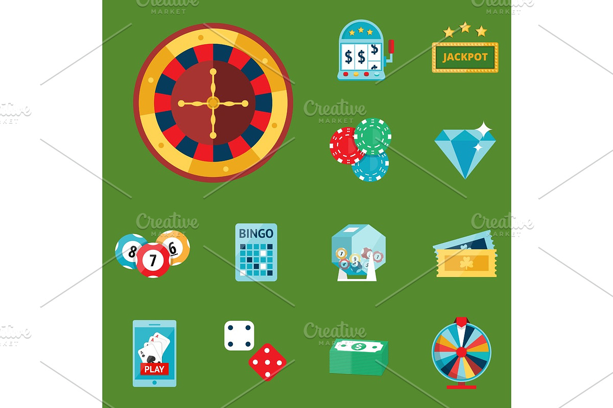 Casino game poker gambler symbols blackjack cards money winning roulette joker vector illustration., an Illustration by Vectorstockersland