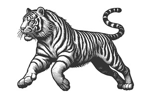 Tiger In Mid-Stride Engraving Vector