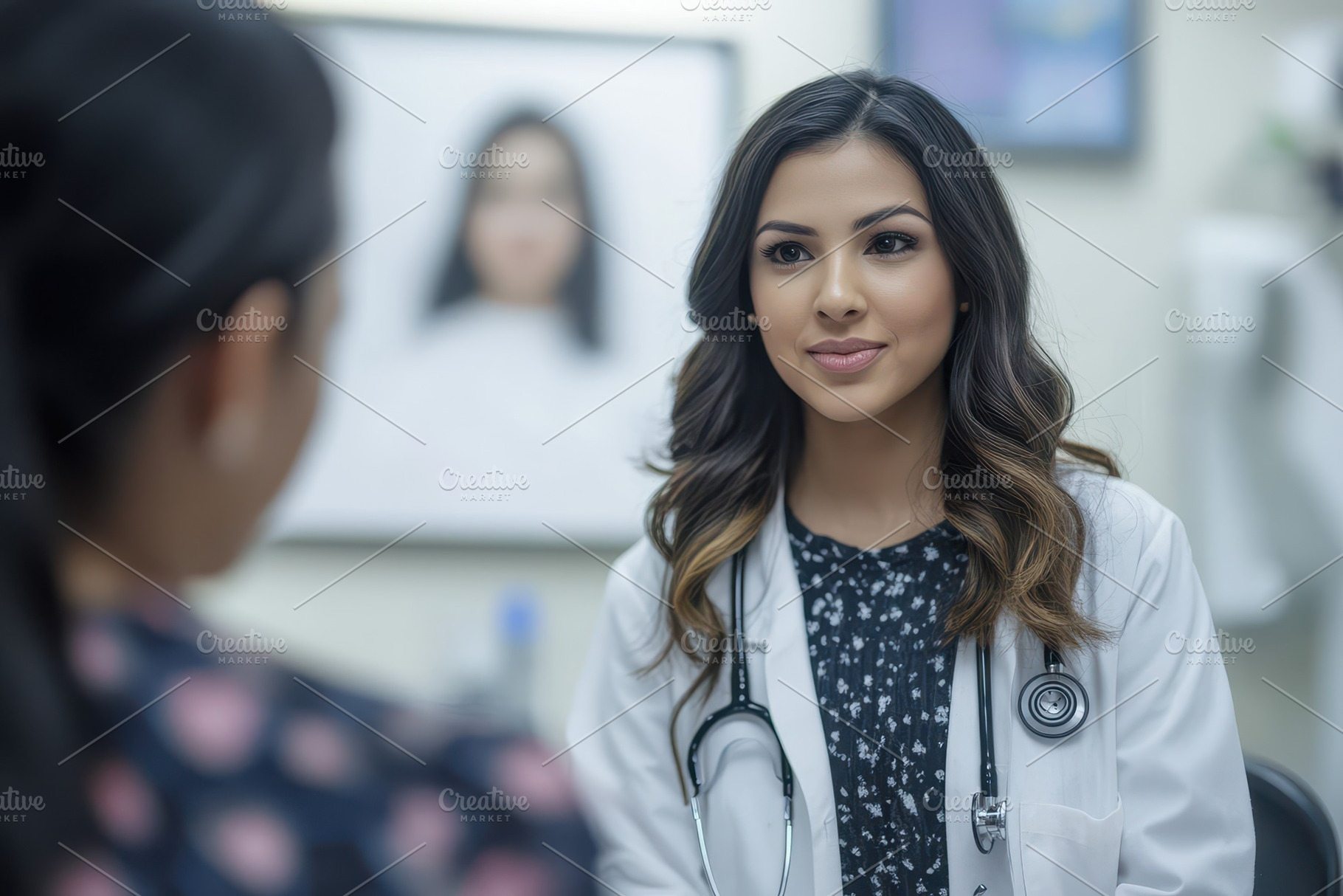 Female physician in white coat, a Photo by Pavel_design