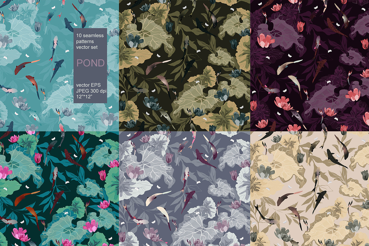 Fish pond seamless vector set, a Pattern Graphic by PatternsBlooming