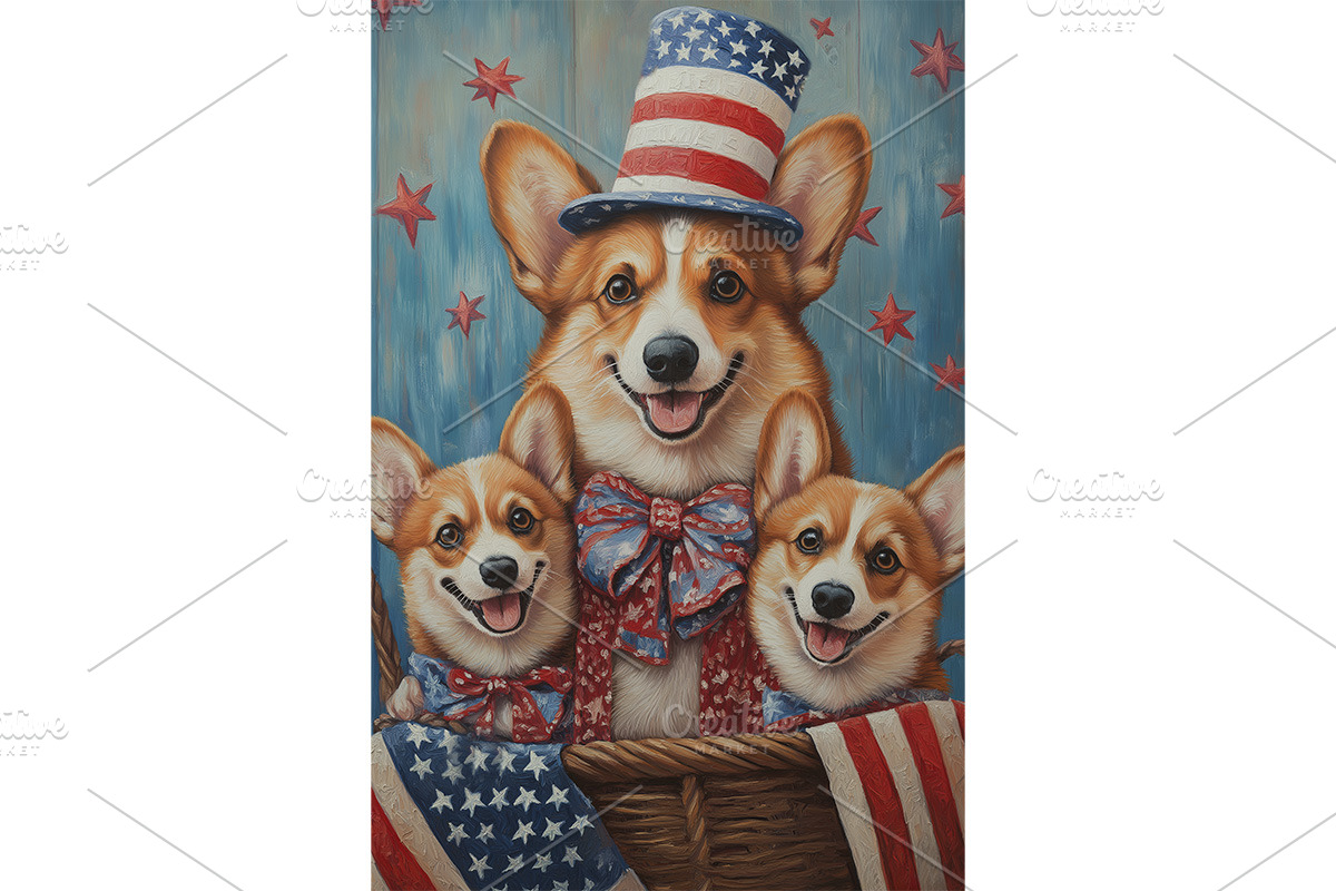 Corgi Dogs in Patriotic Hats and Bow, an Animal Illustration by Art Paradise Studios