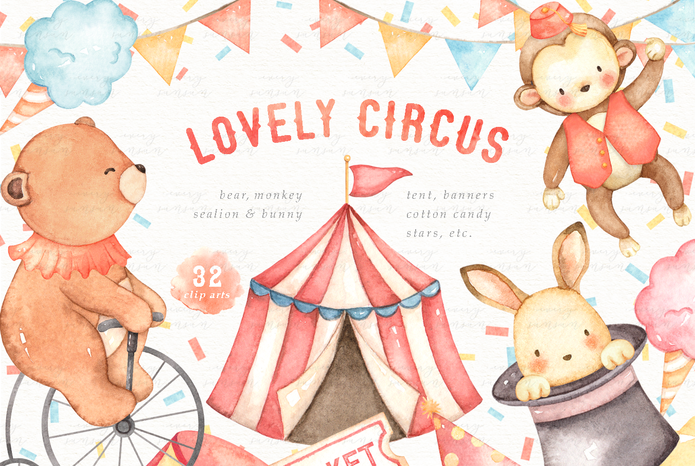 Lovely Circus Watercolor Clip Arts, an Animal Illustration by everysunsun