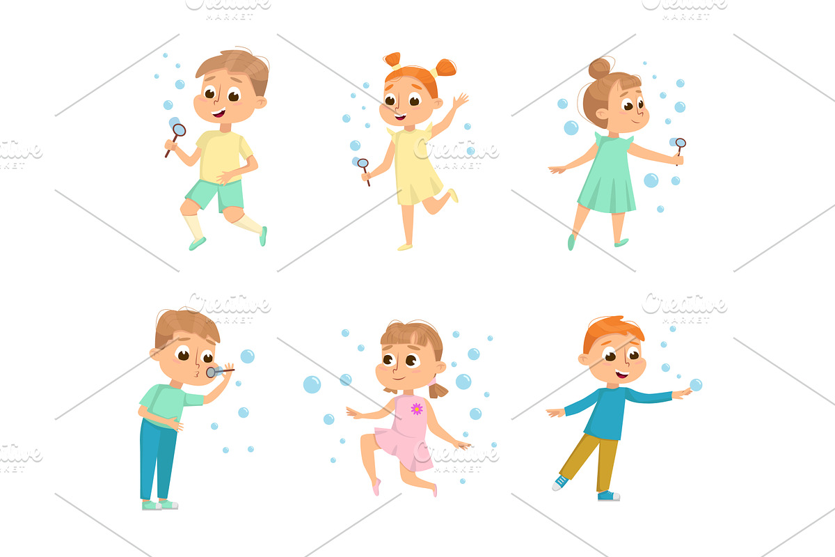 Cute Boys and Girls Blowing Soap, a Person Illustration by TopVectors