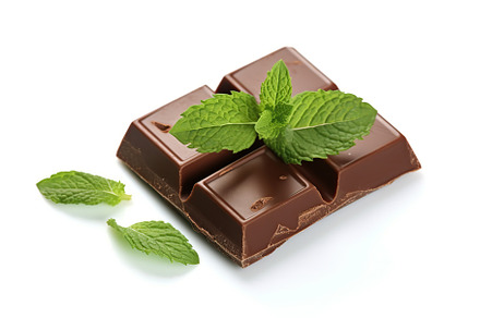 Piece of chocolate with mint leaves. Generative AI, a Photo by AlyaAnd