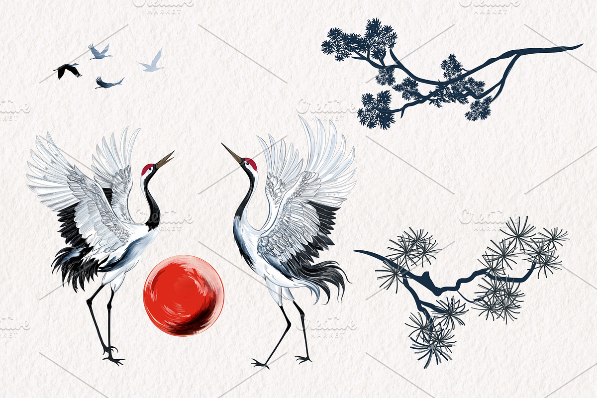 Oriental Cranes Vector Pattern, an Animal Illustration by FleurArt (Photo 6 of 8)