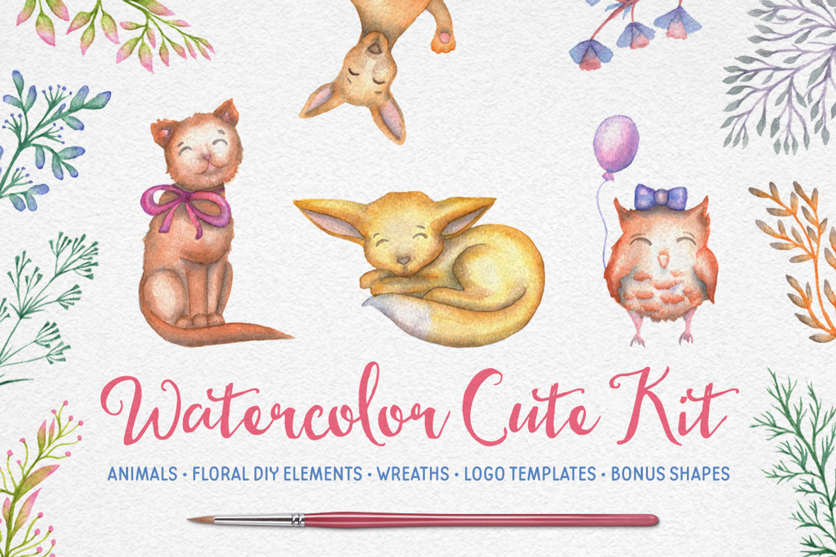 Watercolor Cute Kit, an Animal Illustration by Chelovector (Photo 1 of 6)