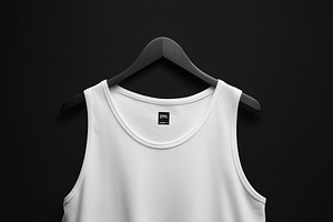 A plain white tank top mockup hanging on a black background, showcasing its sim
