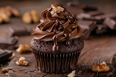 Chocolate cupcake with whipped cream and walnut on wooden table, a Food & Drink Photo by AlyaAnd