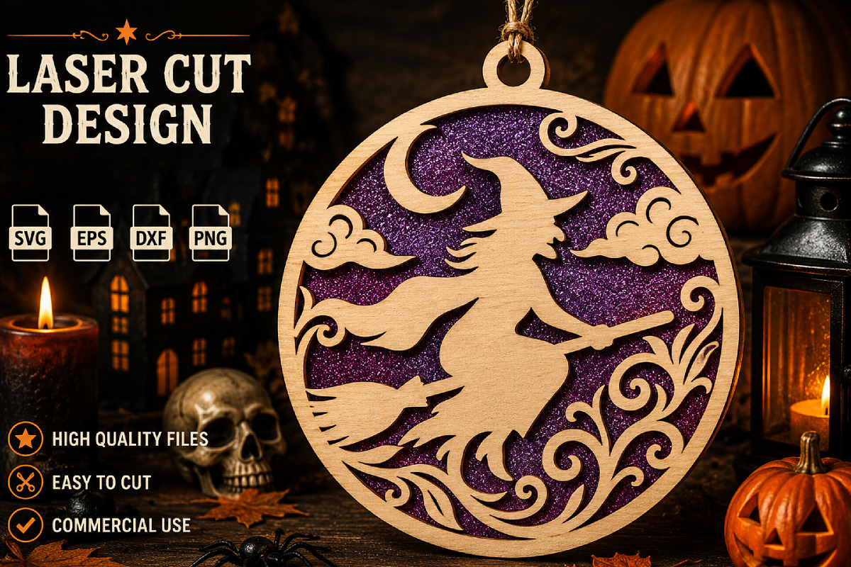 Halloween Flying Witch Laser Cut SVG, an Object Graphic by Layerology (Photo 1 of 3)