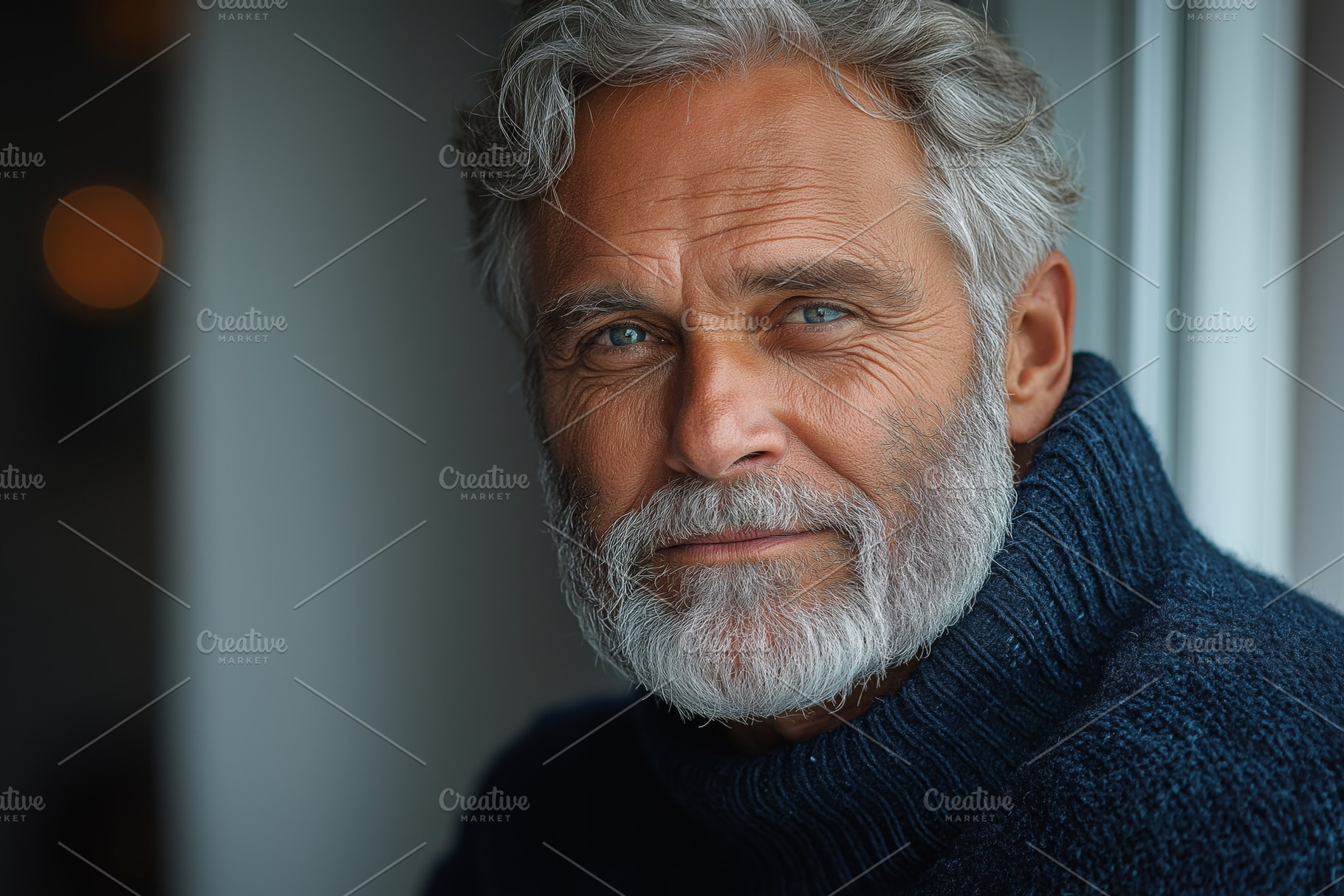 Portrait of a middle-aged Caucasian man with a gray beard, wearing a cozy sweat, a Person Photo by ImageMir