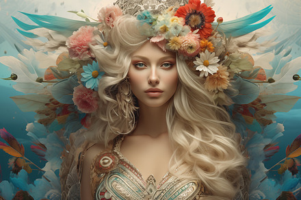 A stunning ethereal bohemian portrait of a woman with long, flowing blonde hair, a Beauty & Fashion Photo by Textures & Backgrounds