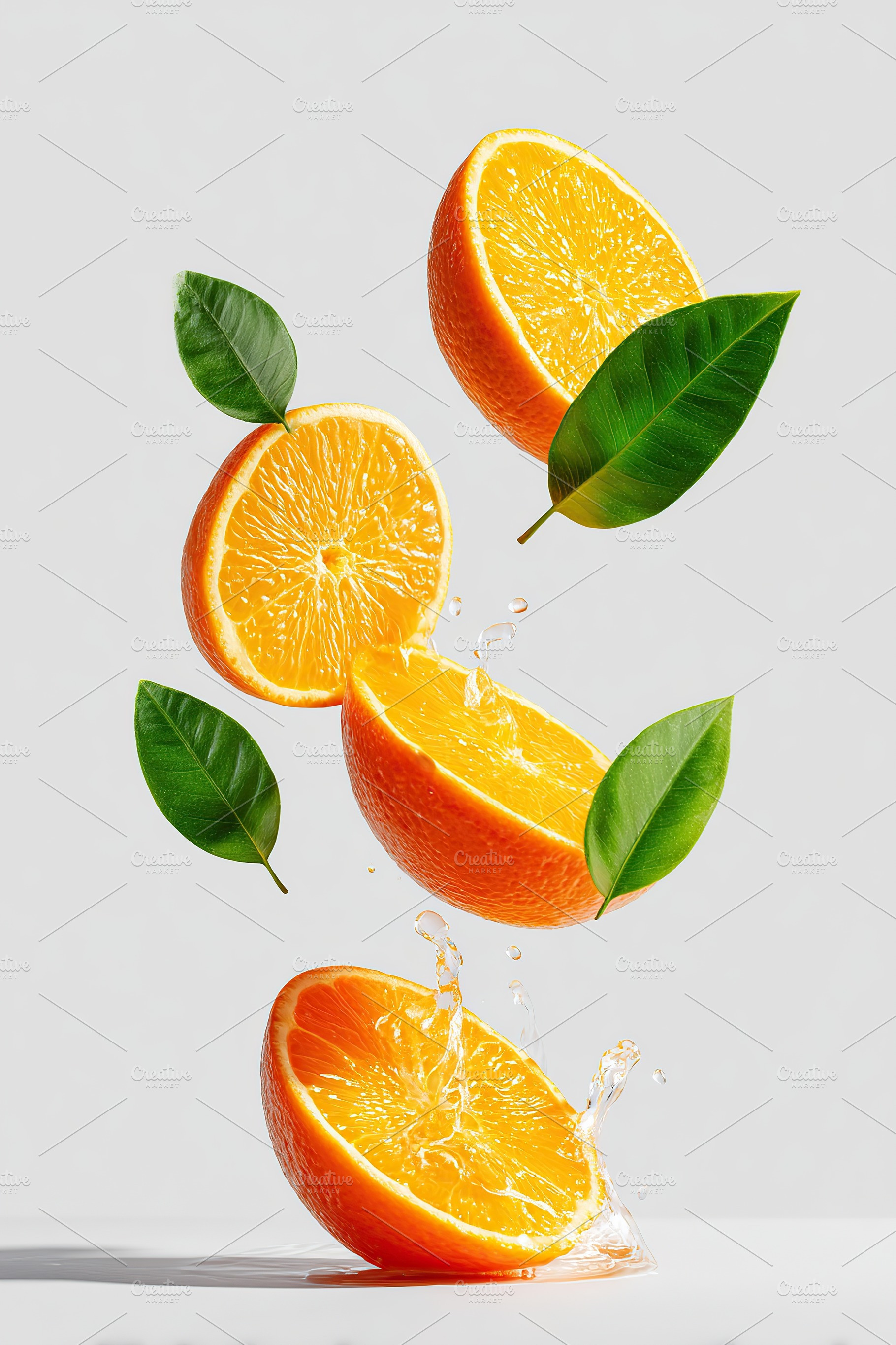 Floating orange slices with fresh green leaves and splashes of water captured i, a Food & Drink Photo by AlyaAnd