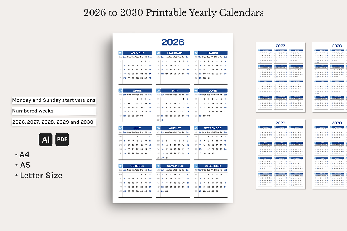 2026 2030 Printable Yearly Calendars, a Print Template by jessicamdesign (Photo 1 of 4)