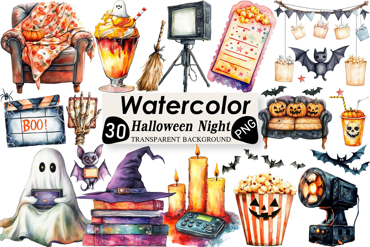 Watercolor Halloween Movie Night, an Illustration by Black Bird Studio (Photo 1 of 6)