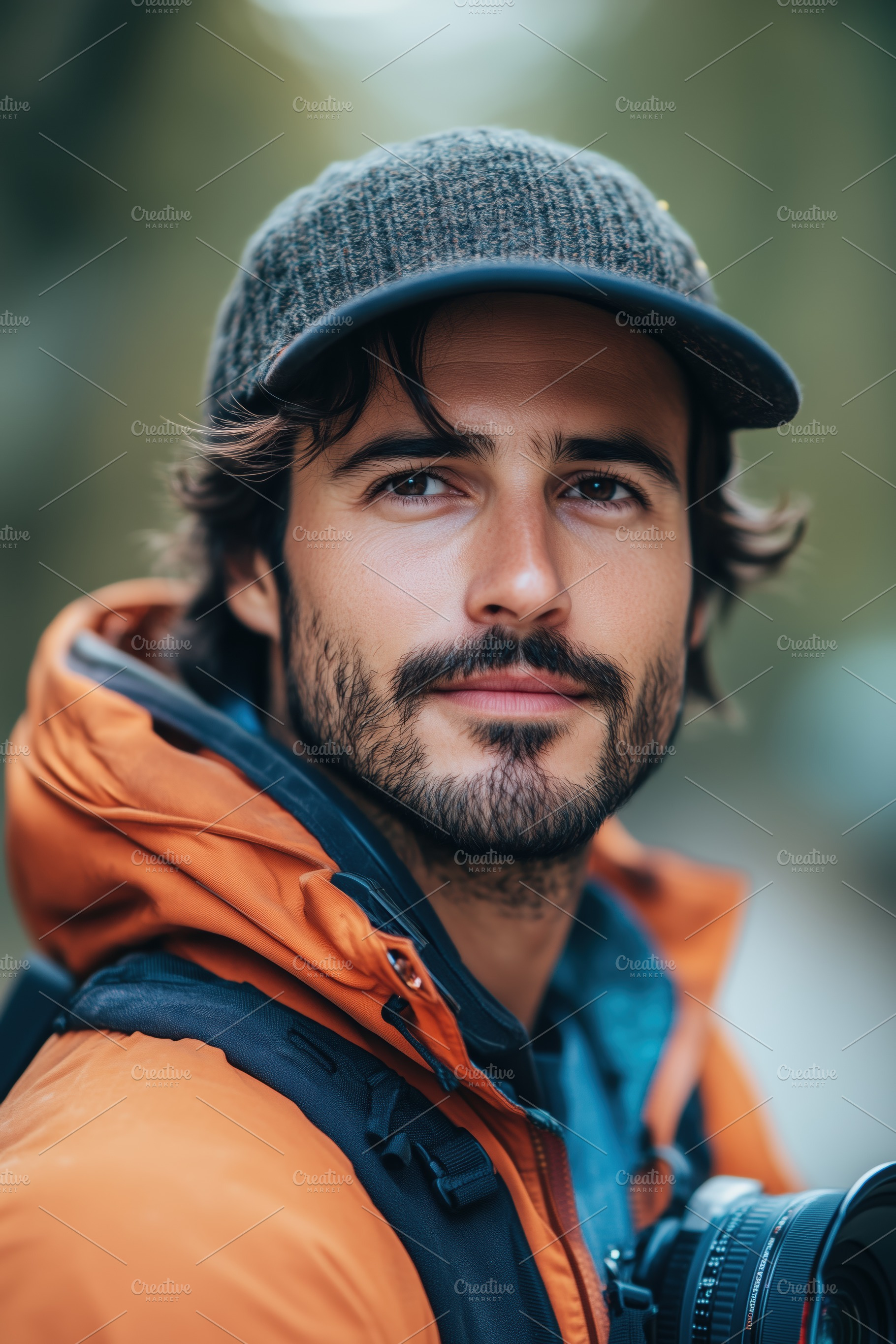A young man with a beard and mustache, wearing a cap and an orange jacket, pose, a Person Photo by Textures & Backgrounds
