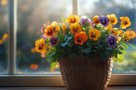 Colorful pansies in a woven basket c, a Background Photo by Pixeness