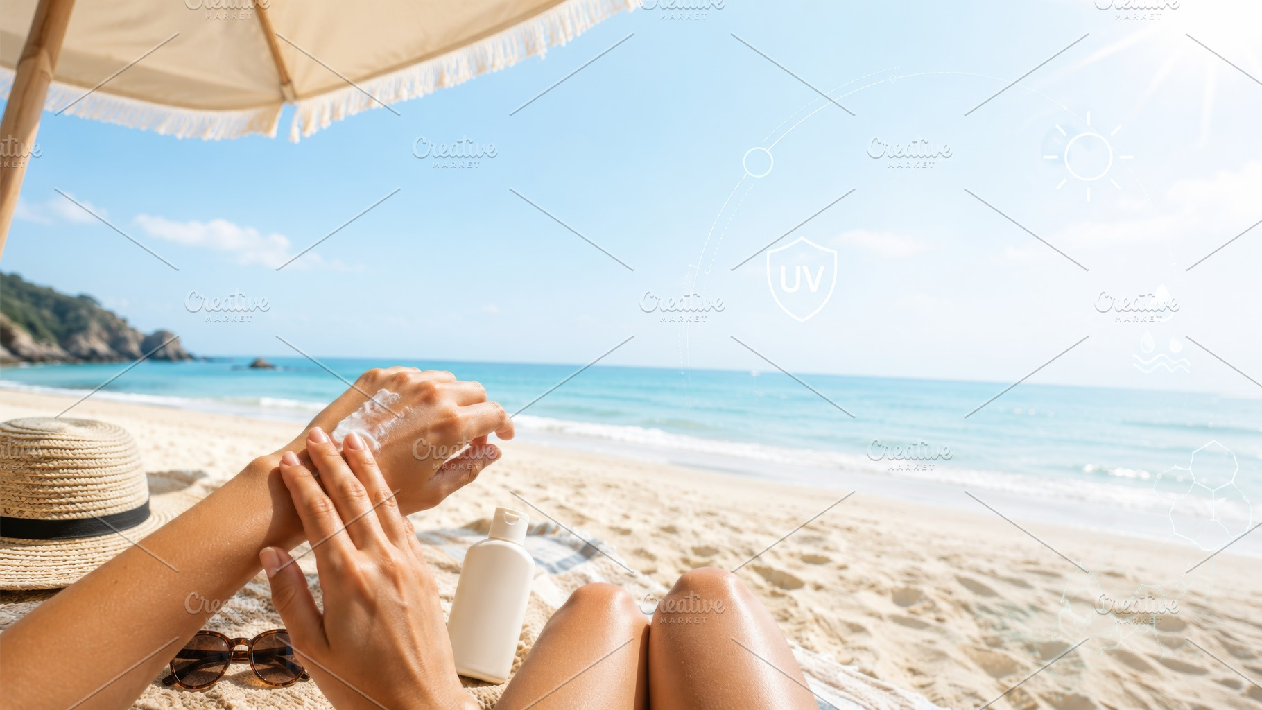Beach scene with hands applying suns, a Photo by Dvoevnore photos