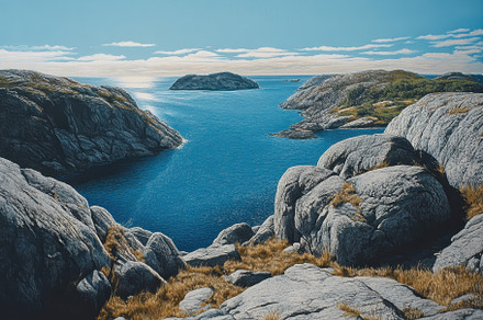Majestic rocky cliffs frame a tranqu, a Photo by Tanuart