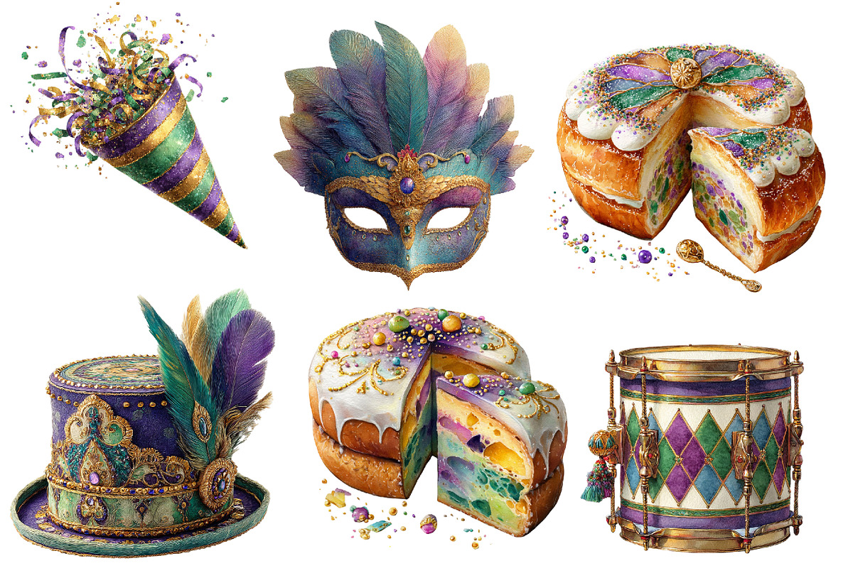 Watercolor Mardi Gras Clipart Bundle, an Illustration by Designworld (Photo 5 of 5)