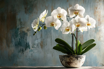 Elegant white orchids arranged in a, a Photo by Tanuart