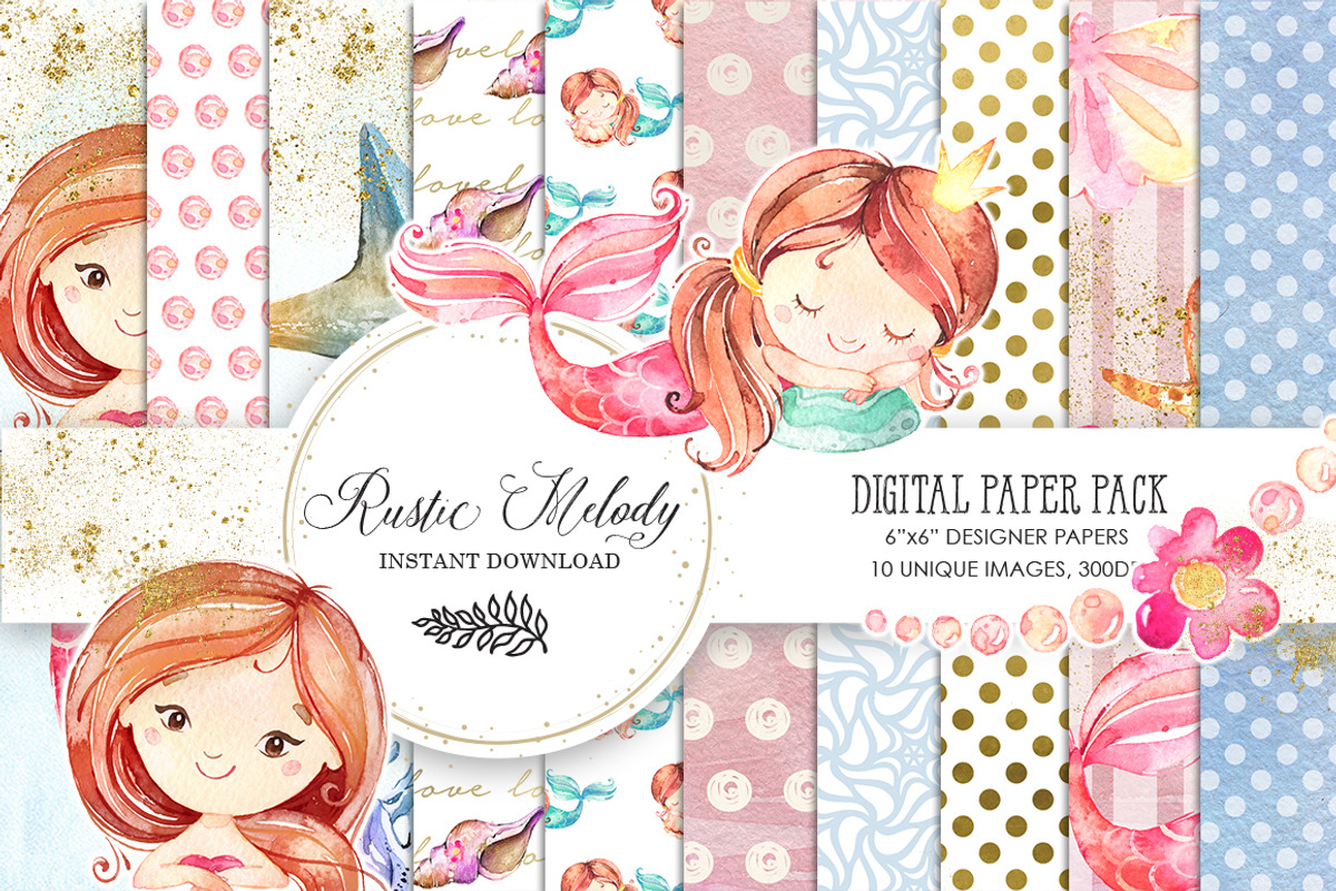 MERMAID DIGITAL PAPER PACK, a Pattern Graphic by rusticmelody (Photo 1 of 2)