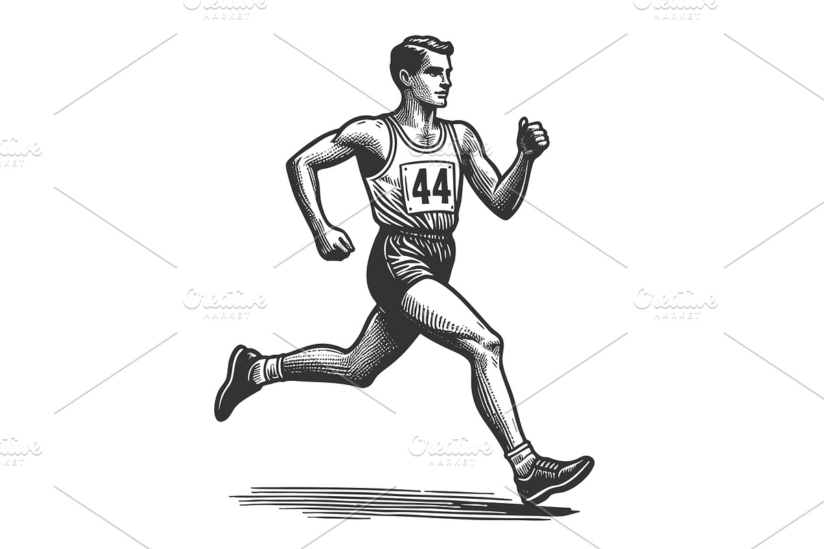Male Runner in Motion engraving, a Sport Illustration by AlexArt