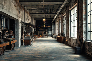 A spacious Industrial interior design style workshop with large windows, expose, an Arts & Entertainment Photo by Textures & Backgrounds