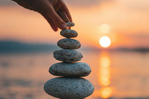 Hand placing stone on balanced rock, a Photo by Pixeness Studio