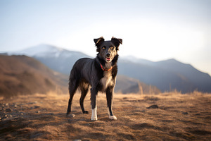 Portrait of beautiful Australian Shepherd dog standing on mountain road or path, an Animal Photo by Lenor4ik