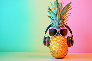 Pineapple wearing headphones and sunglasses in a vibrant setting, a Beauty & Fashion Photo by AlyaAnd