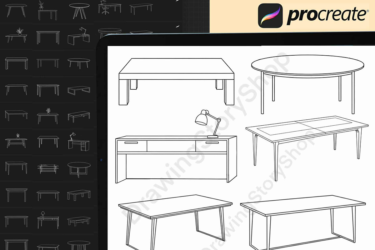 120 Procreate Tables Stamp Brushes, a Brush Add-On by DrawingStoryShop