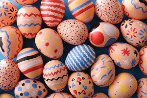 Bright Patterned Easter Eggs on Blue Background, a Holiday Photo by Davizro's Market