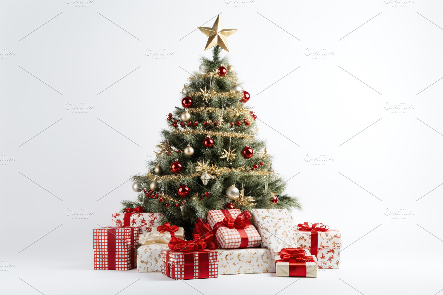 Decorated christmas fir tree with gift boxes on white background, a Holiday Photo by AlyaAnd