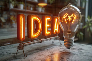 A striking light bulb glowing next to the word 'IDEA' in bright neon orange, se, a Business Photo by ImageMir