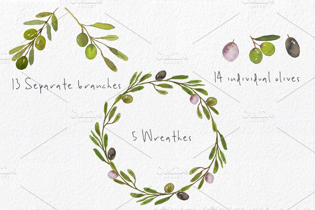Watercolor Olives Wreaths handmade, an Illustration by MaraquelaStudio (Photo 2 of 6)